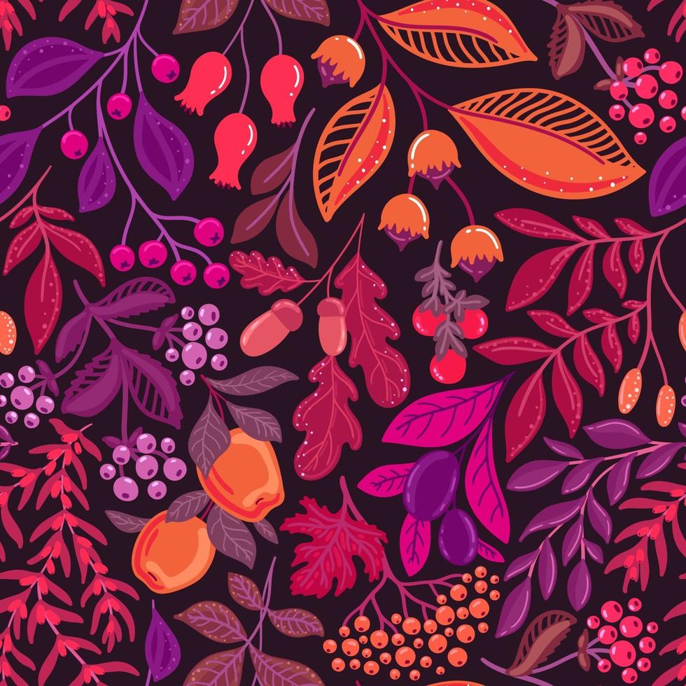 Purple seamless vector background with bright pink berries and nuts