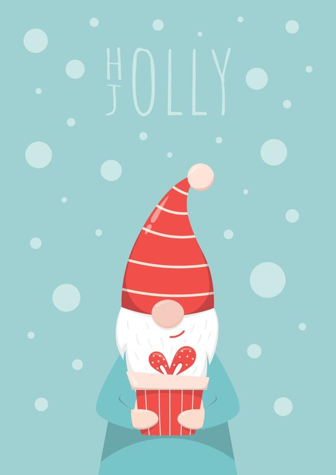 Christmas gnome with gift box.Holly Jolly. Christmas card,Invitation. vector