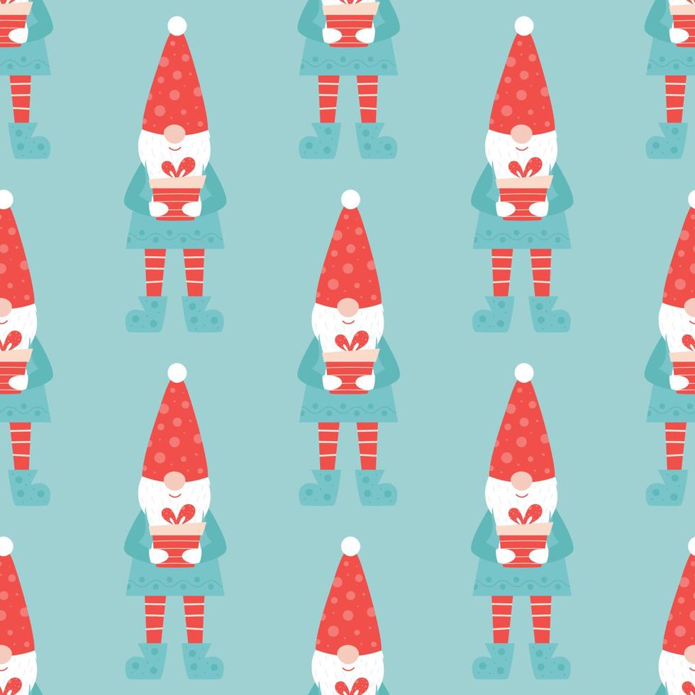 Seamless Christmas pattern with cute gnome with gift.Merry Christmas. vector