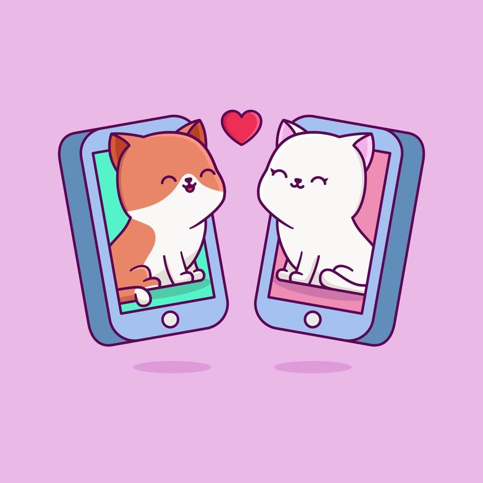 relación de gatos encantadores en dibujos animados de teléfono vector