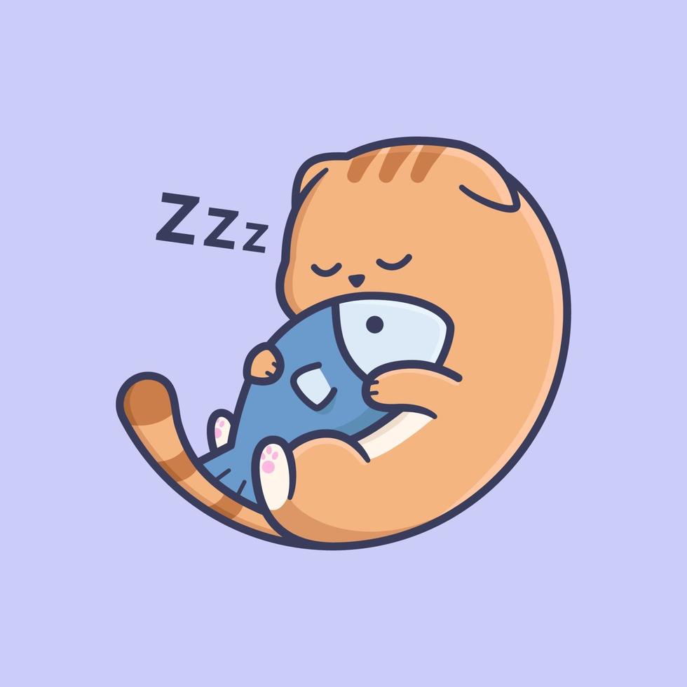 gato duerme con dibujos animados de juguete de pescado vector