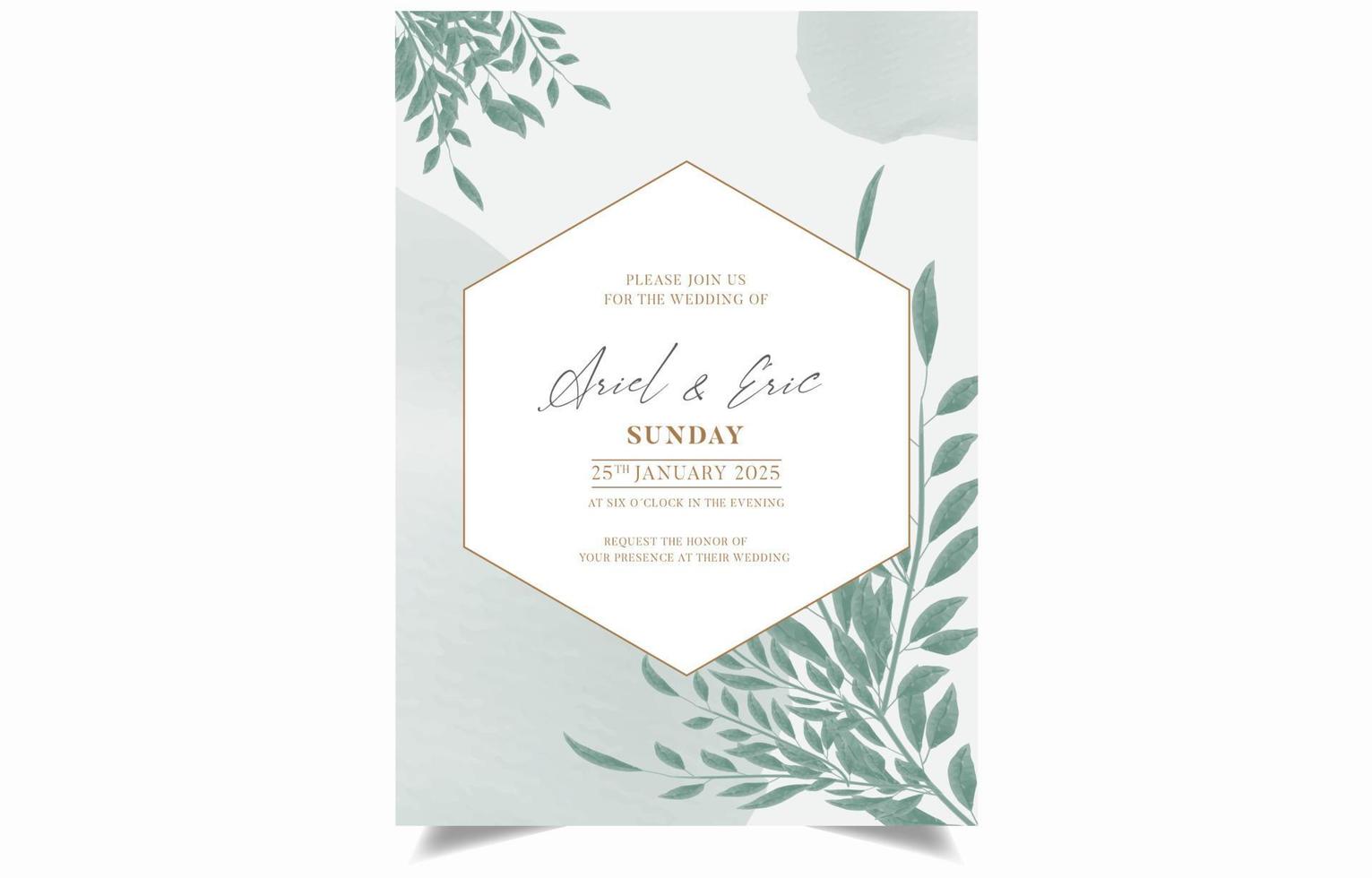 Watercolor invitation design with green leaves. vector