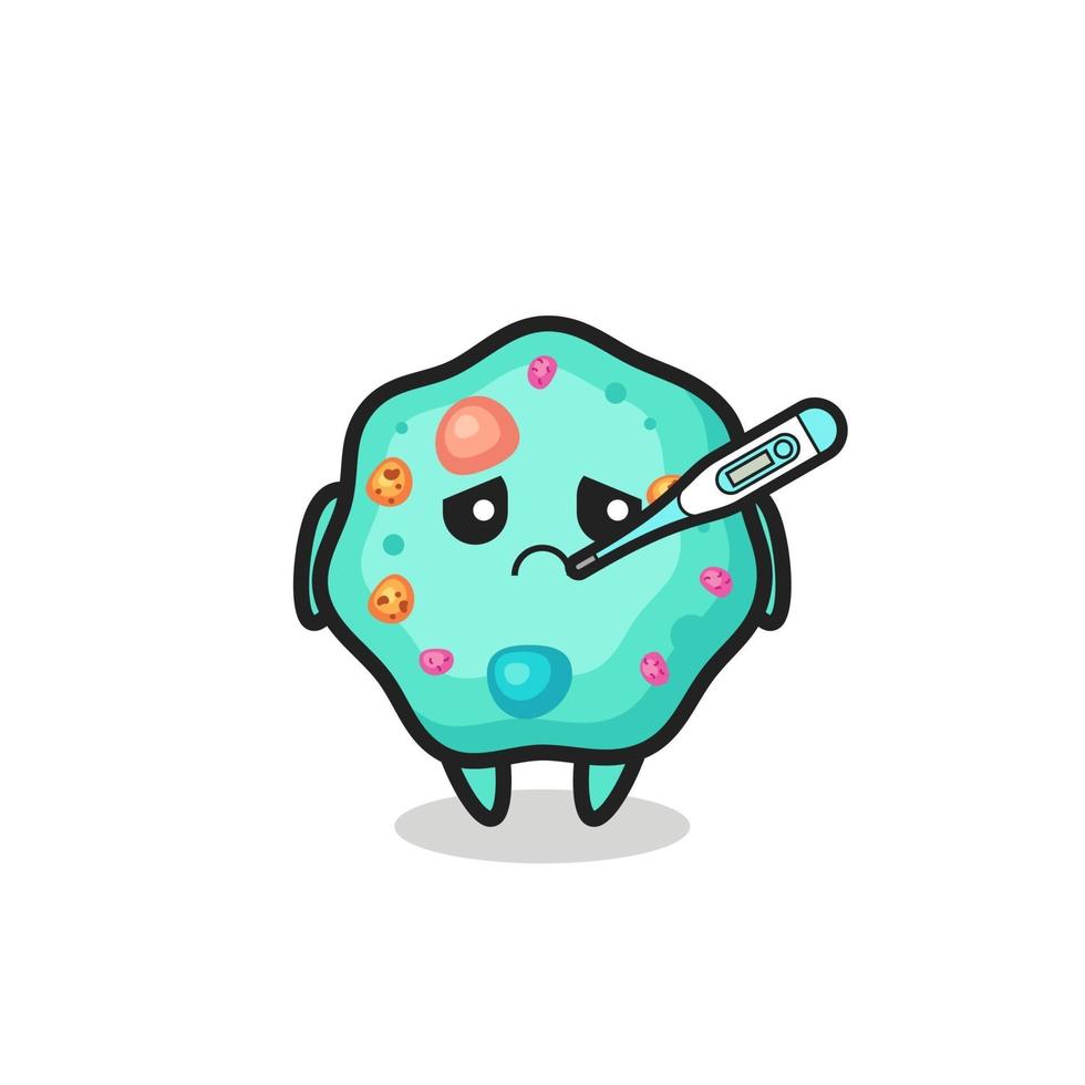 Personaje de mascota ameba con condición de fiebre. vector