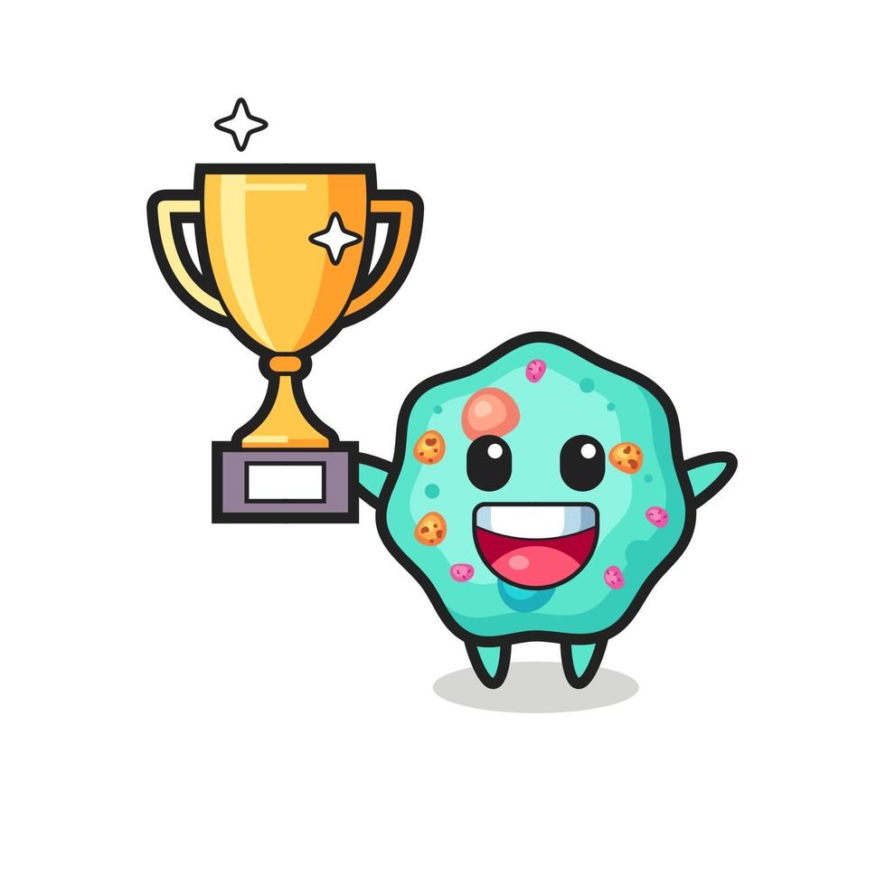 Cartoon Illustration of amoeba is happy holding up the golden trophy vector