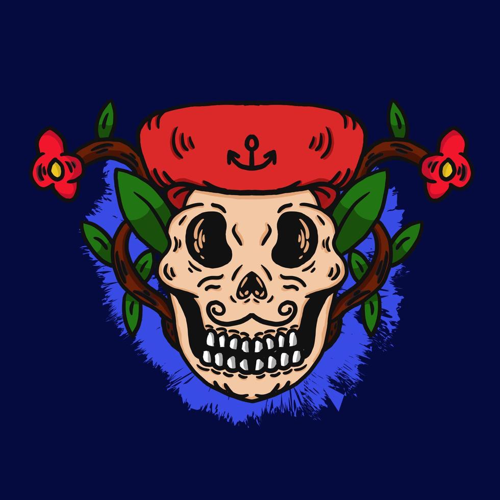 cráneo dibujado a mano de un buen pirata bigote vector