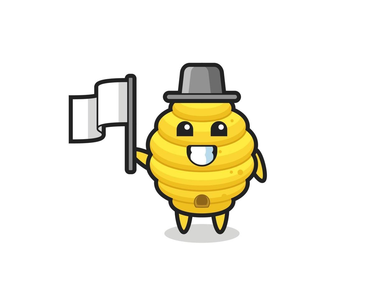 Cartoon character of bee hive holding a flag vector