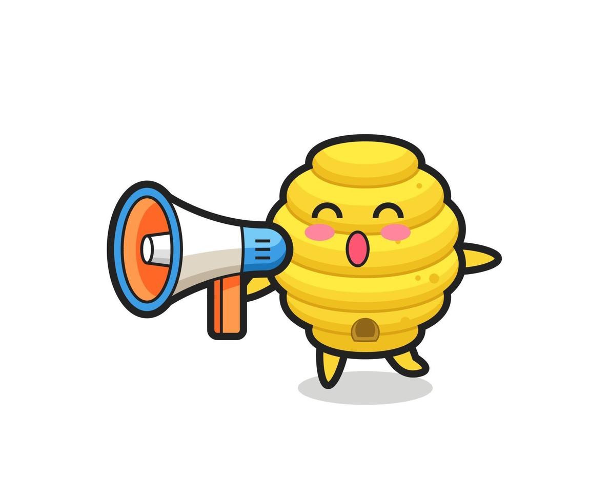 bee hive character illustration holding a megaphone vector