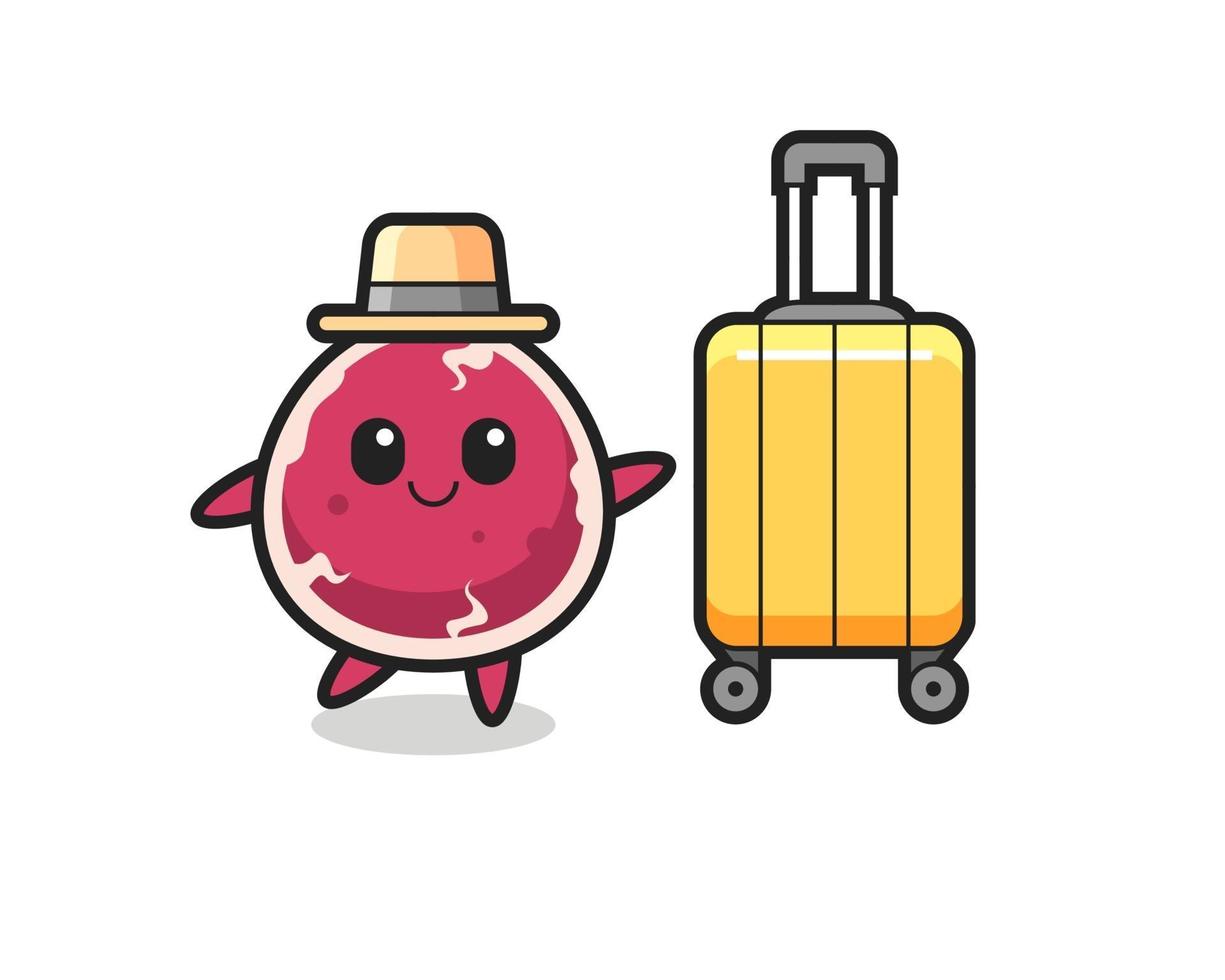 beef cartoon illustration with luggage on vacation vector