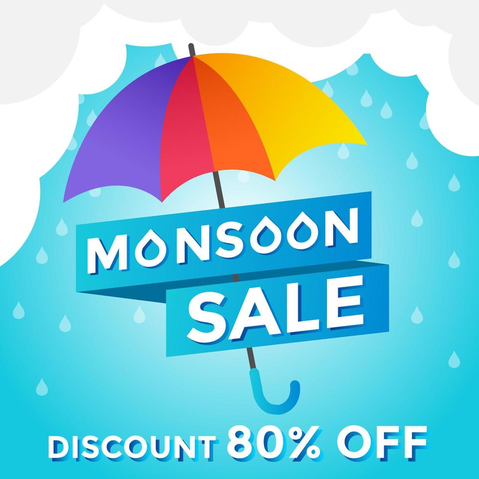 Monsoon Sale Rainy Season Umbrellas Logo Blue Rain Background Vector