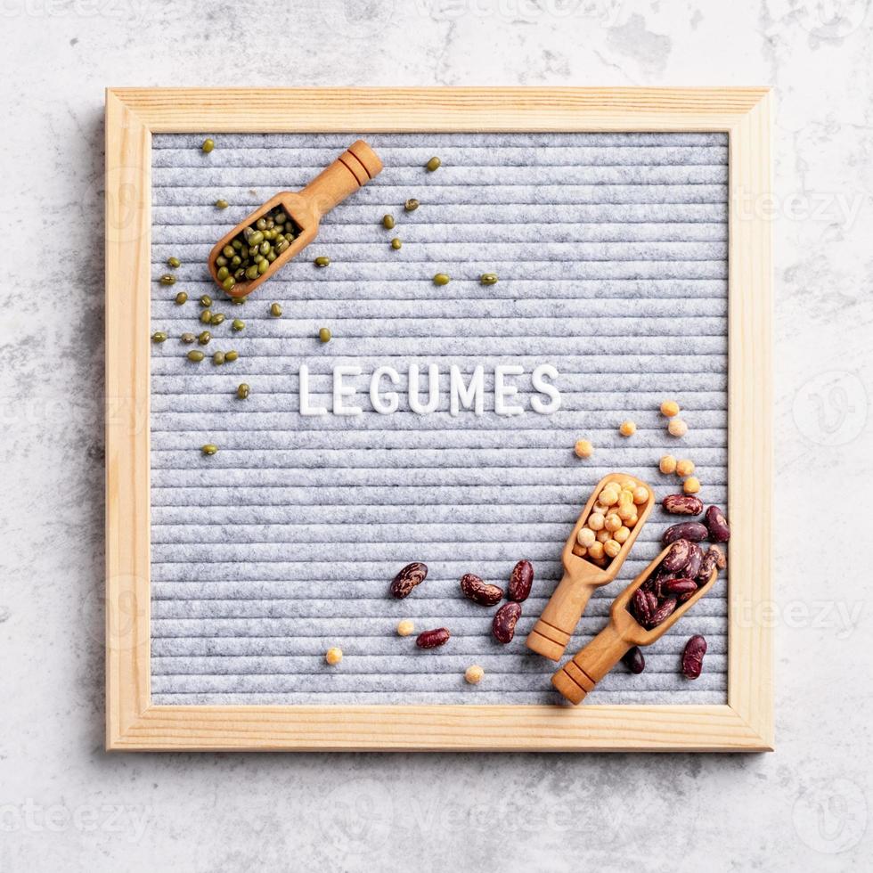 legumes with felt letter board with the text Legumes top view flat lay photo