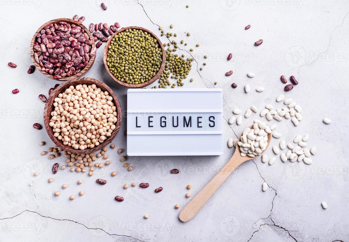 legumes with lightbox with the text Legumes top view flat lay photo