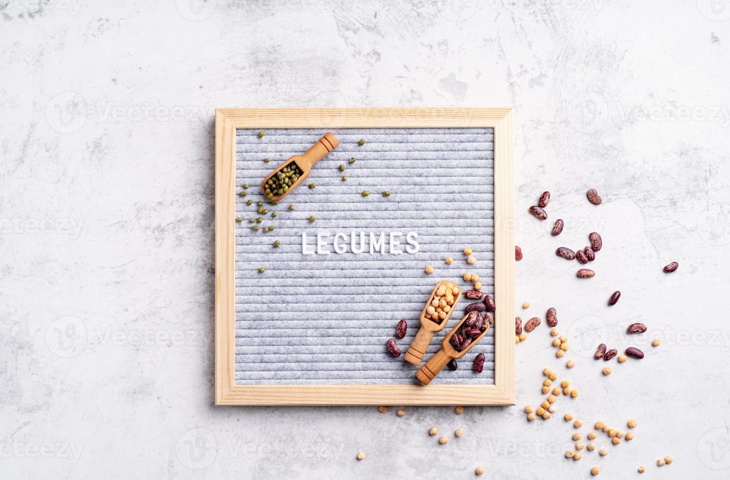 legumes with felt letter board with the text Legumes top view flat lay photo