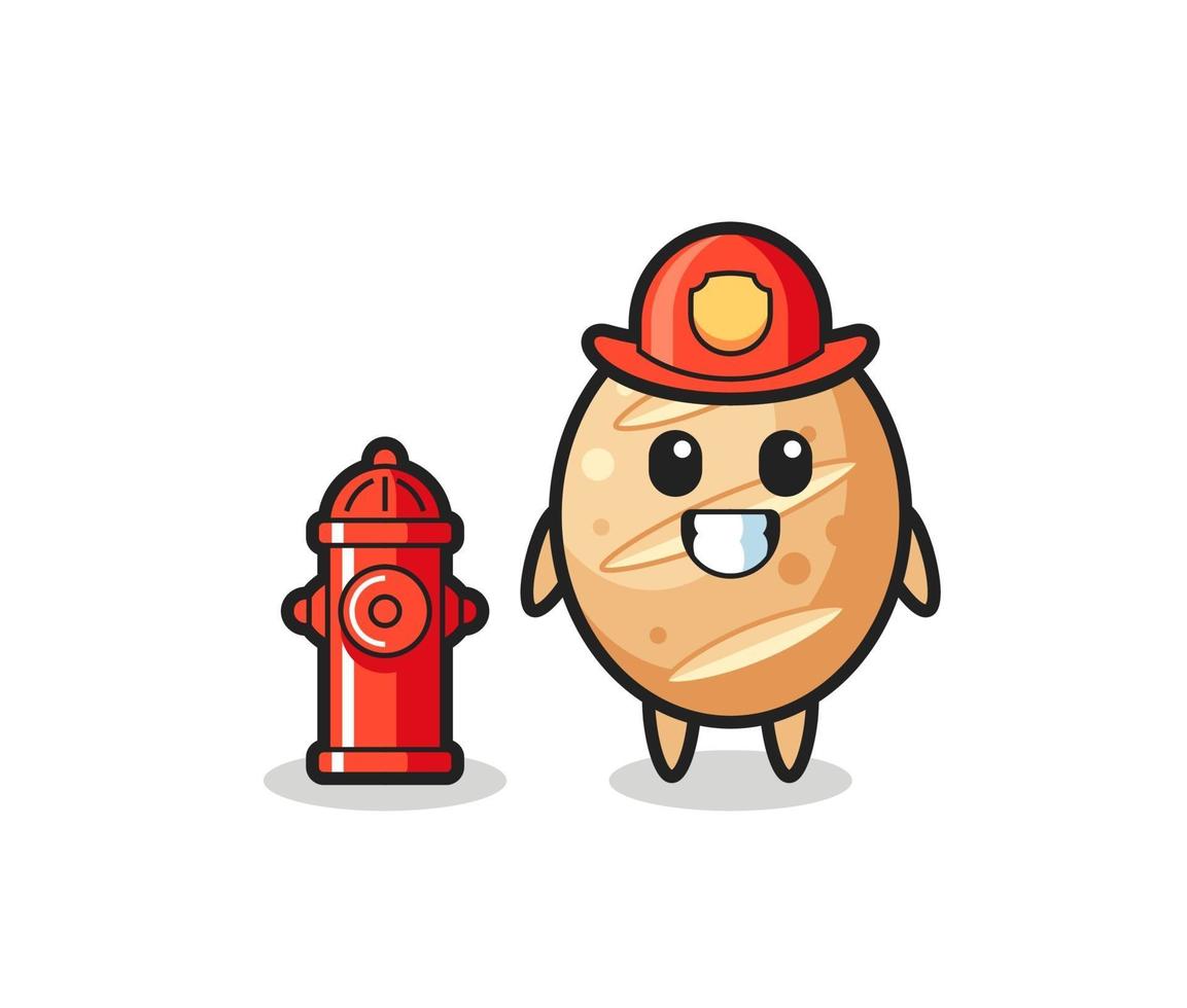 Personaje mascota del pan francés como bombero. vector