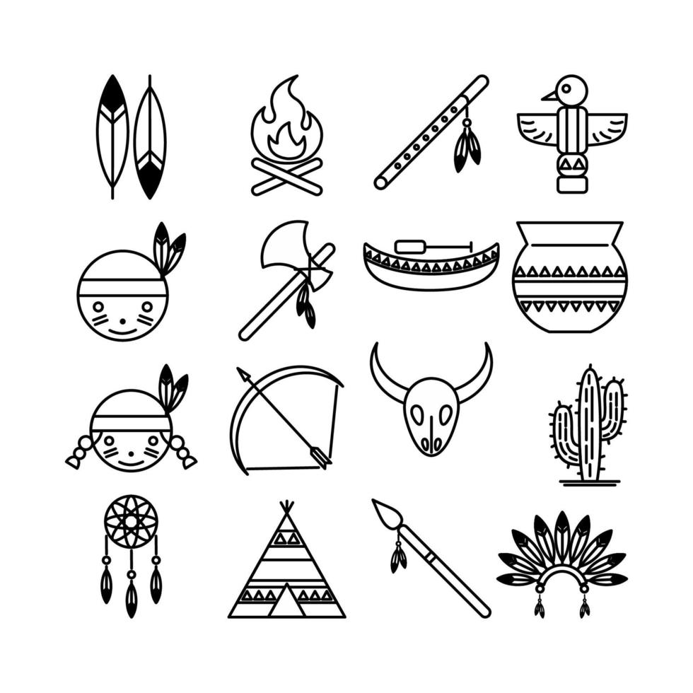Icon set of American native in line style. vector