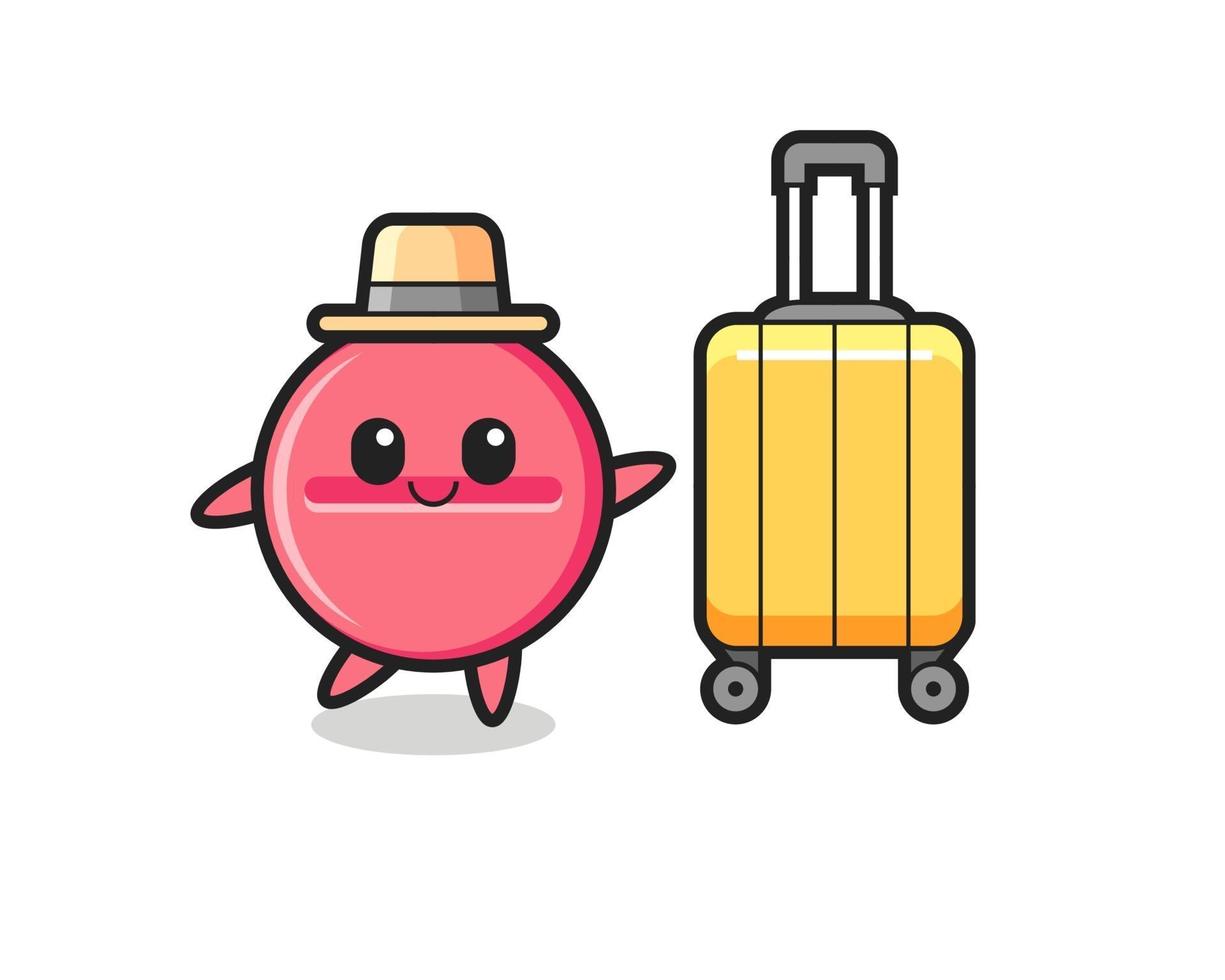 medicine tablet cartoon illustration with luggage on vacation vector