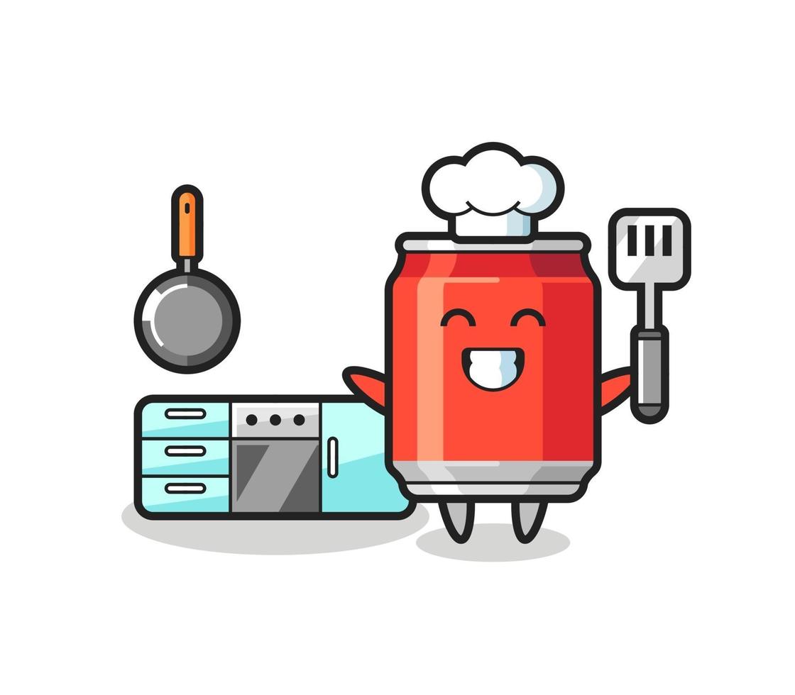 Ilustración de personaje de lata de bebida mientras un chef está cocinando vector