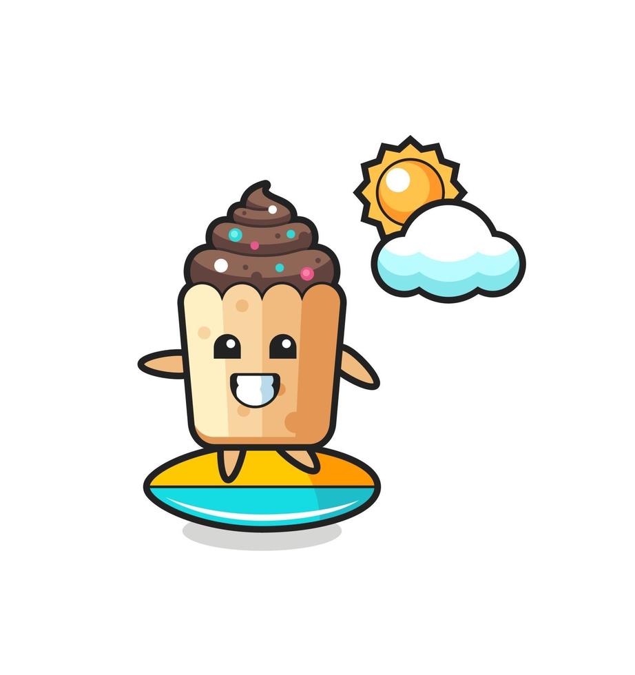 Illustration of cupcake cartoon do surfing on the beach vector