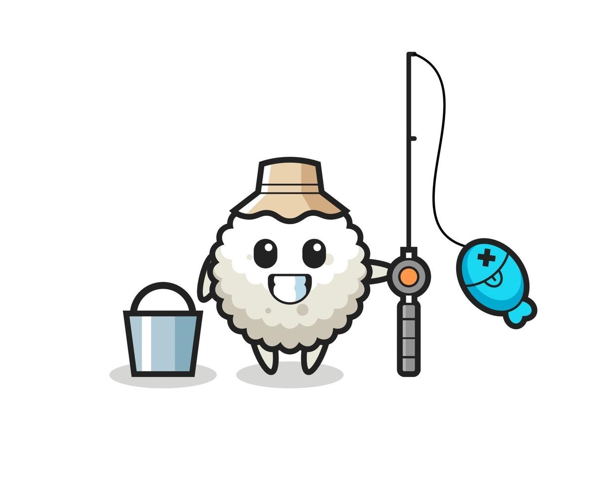 personaje mascota de bola de arroz como pescador vector