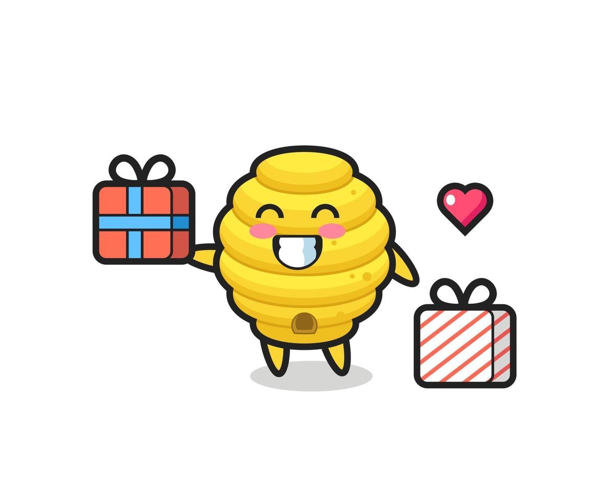 bee hive mascot cartoon giving the gift vector