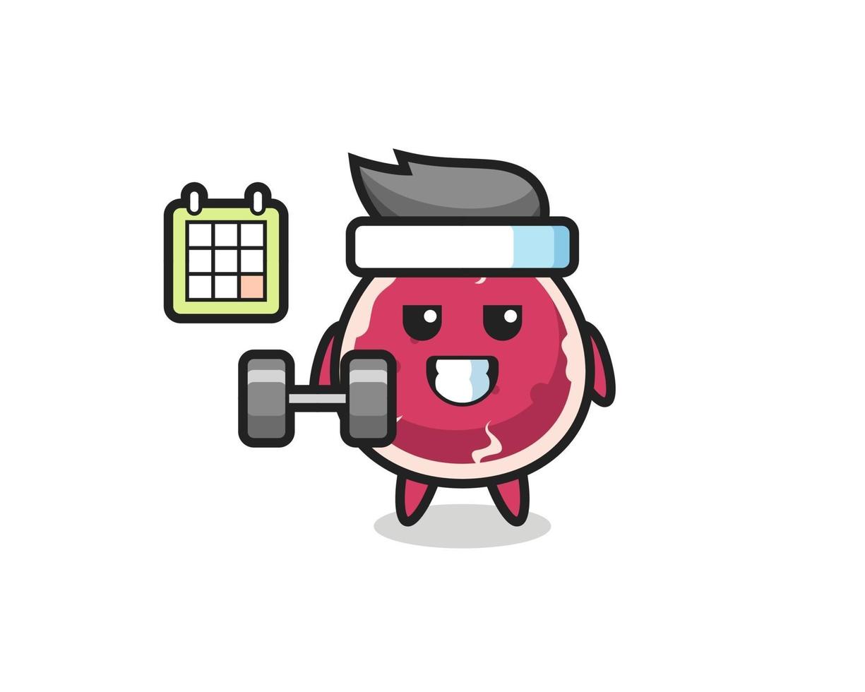 beef mascot cartoon doing fitness with dumbbell vector