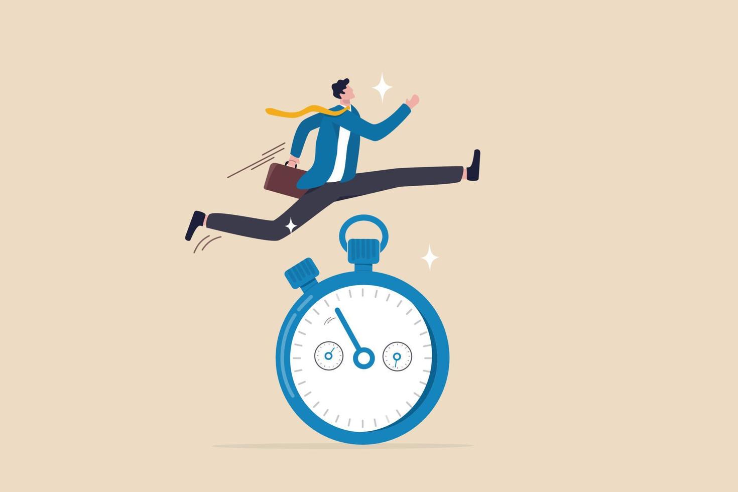 Sense of urgency, quick response attitude to get work done as soon as possible now, reaction to priority task or important concept, fast businessman running and jump high over countdown timer clock. vector