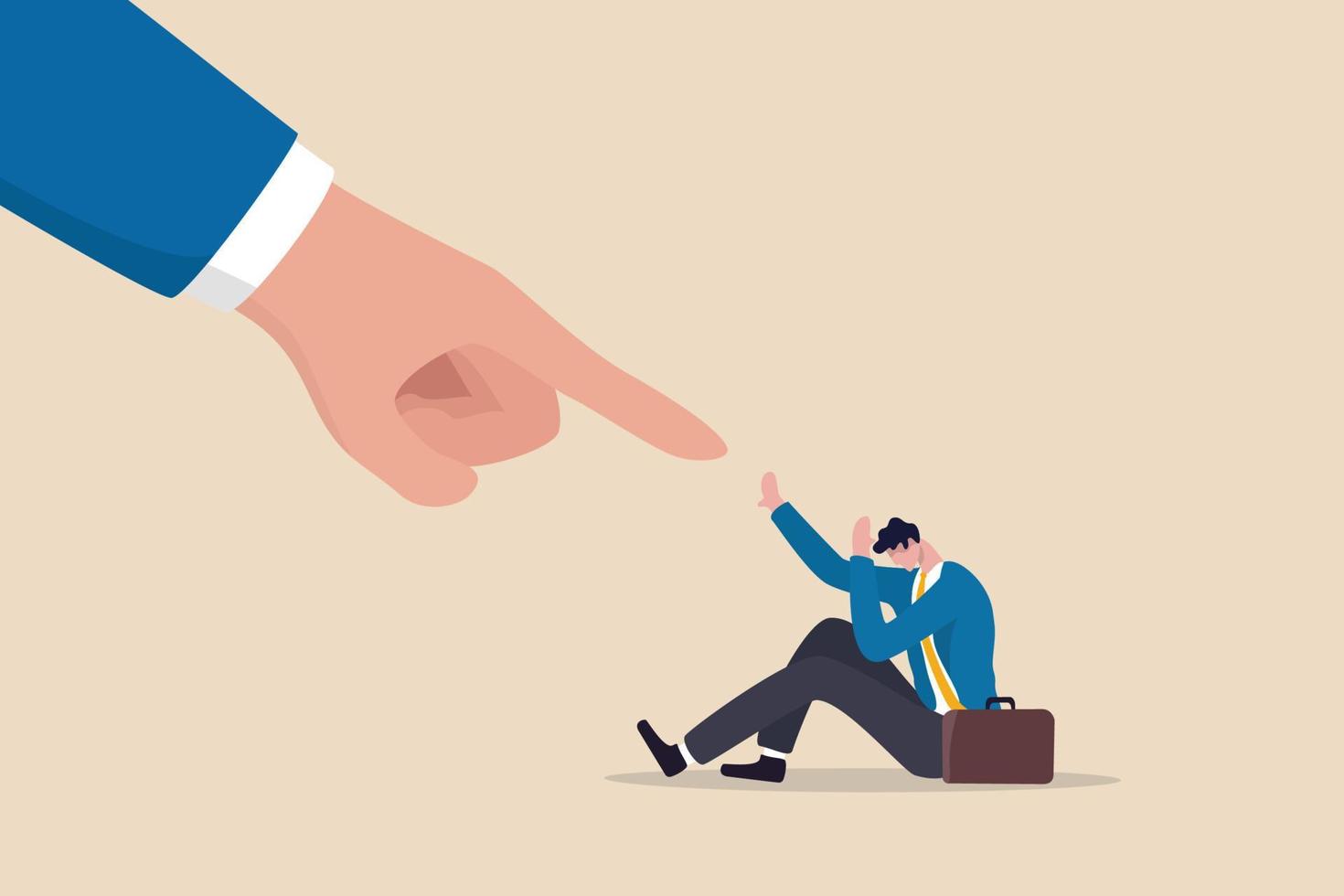 Fear of failure, loser afraid of business mistake, anxiety or stressed from work pressure, scared or challenge concept, depressed panic businessman fear of giant pointing finger blame him for mistake. vector