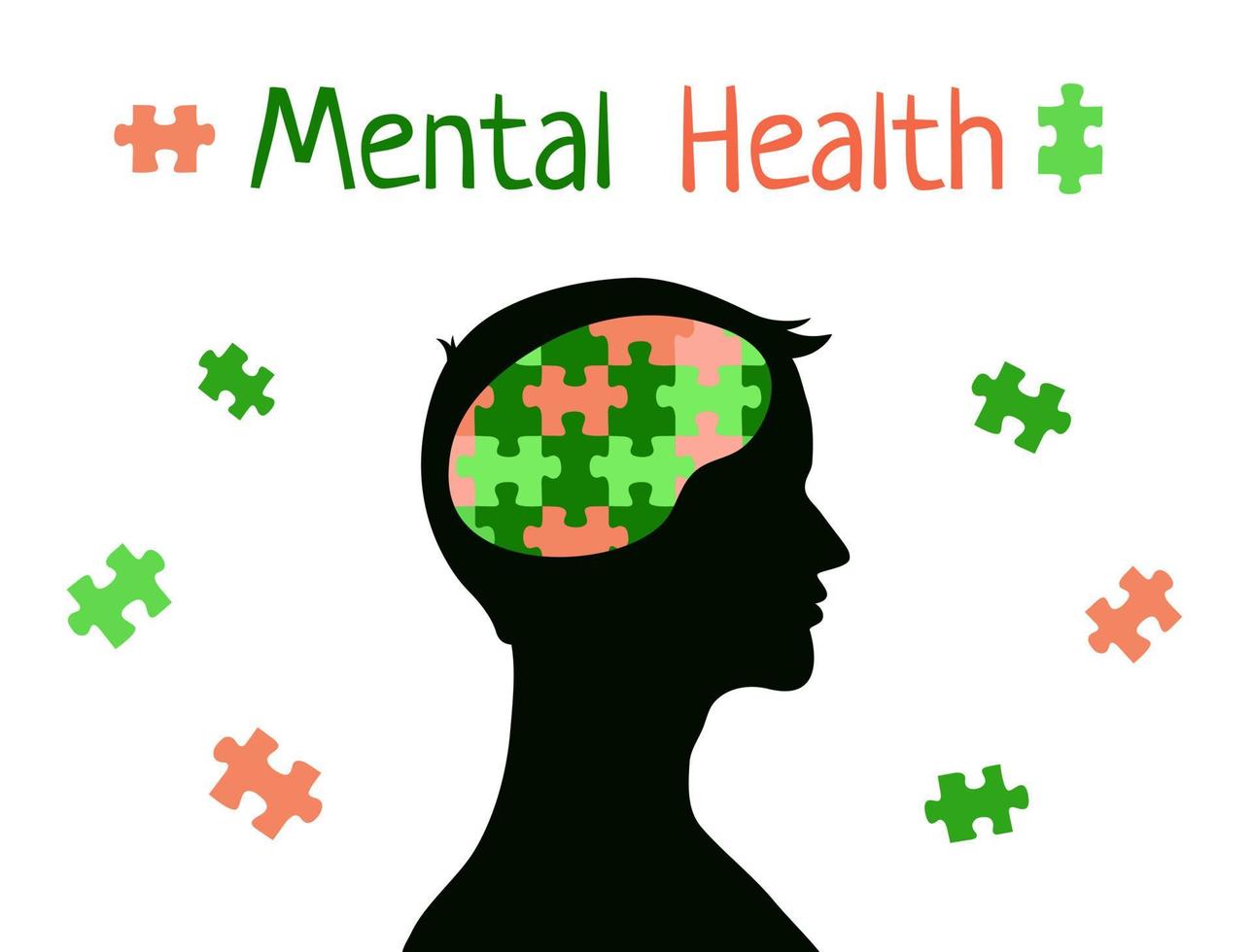 Mental health concept. Puzzle in brain of man. Male head silhouette vector