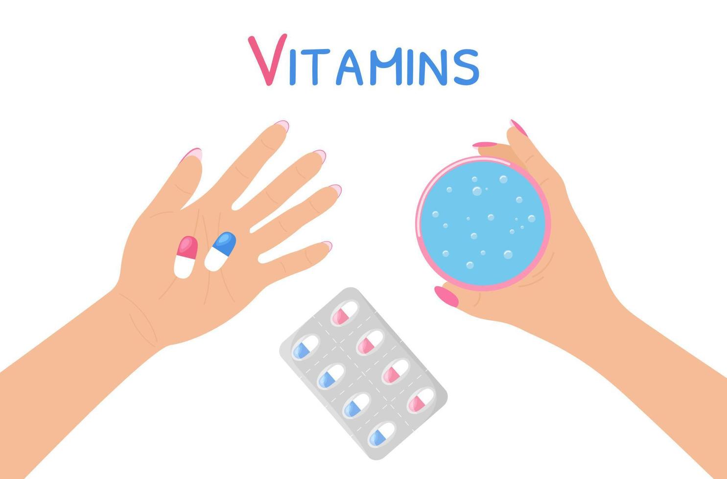 Taking vitamins pills. Hands of woman holding capsules and water vector