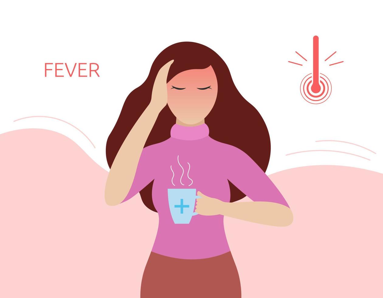 Fever illness. Sick woman touches head and holds mug vector