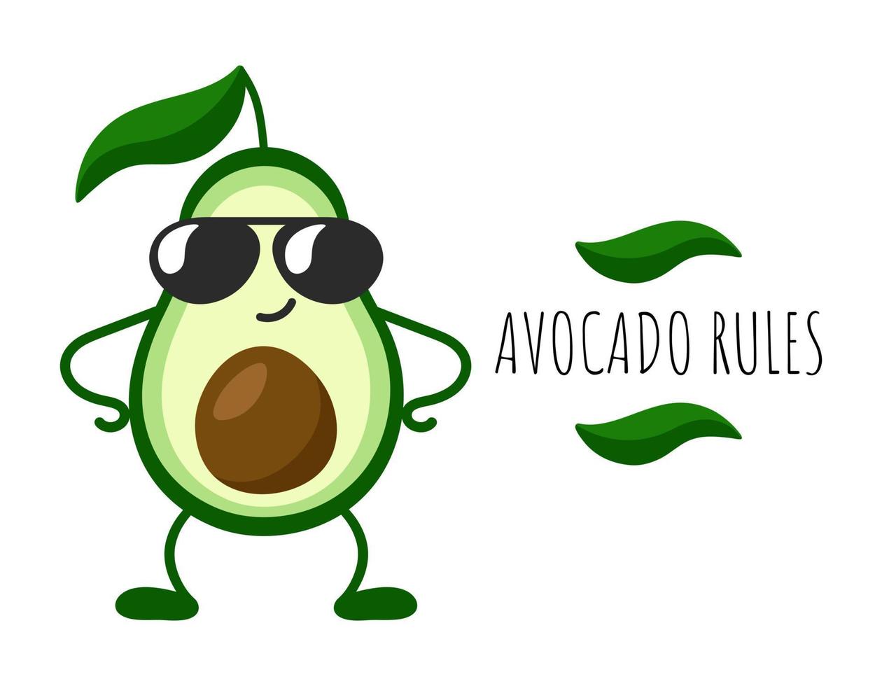 Avocado rules. Happy cool cartoon avocado in sunglasses. Hand drawn illustration for print vector