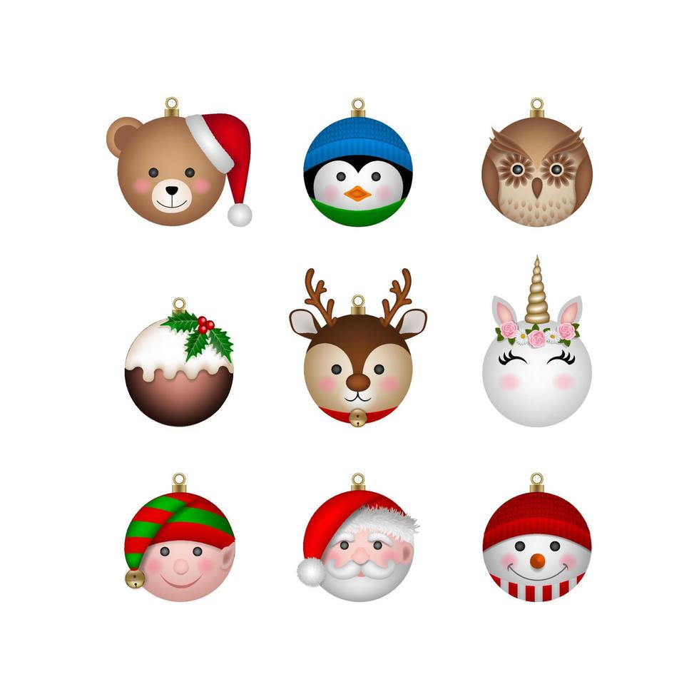 set of christmas balls in the shape of funny characters vector