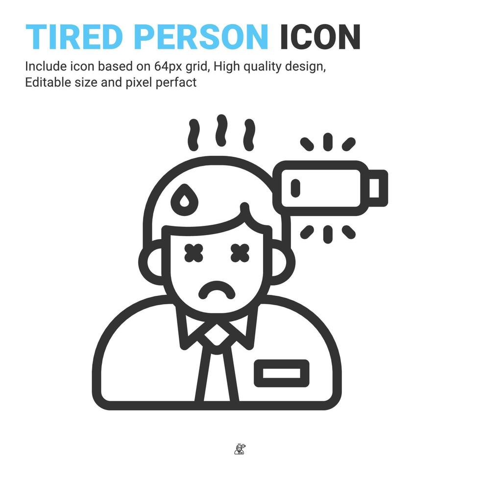 Tired person icon thin line isolated on white background. Vector design illustration stress, burnout workplace, exhausted or fatigue, lack energy sign symbol icon concept for business. Editable stroke