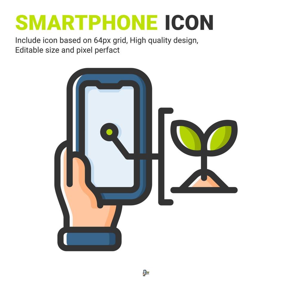 Smartphone and plant icon vector with outline color style isolated on white background. Vector illustration handphone sign symbol icon concept for digital farming, logo, agriculture, apps and project