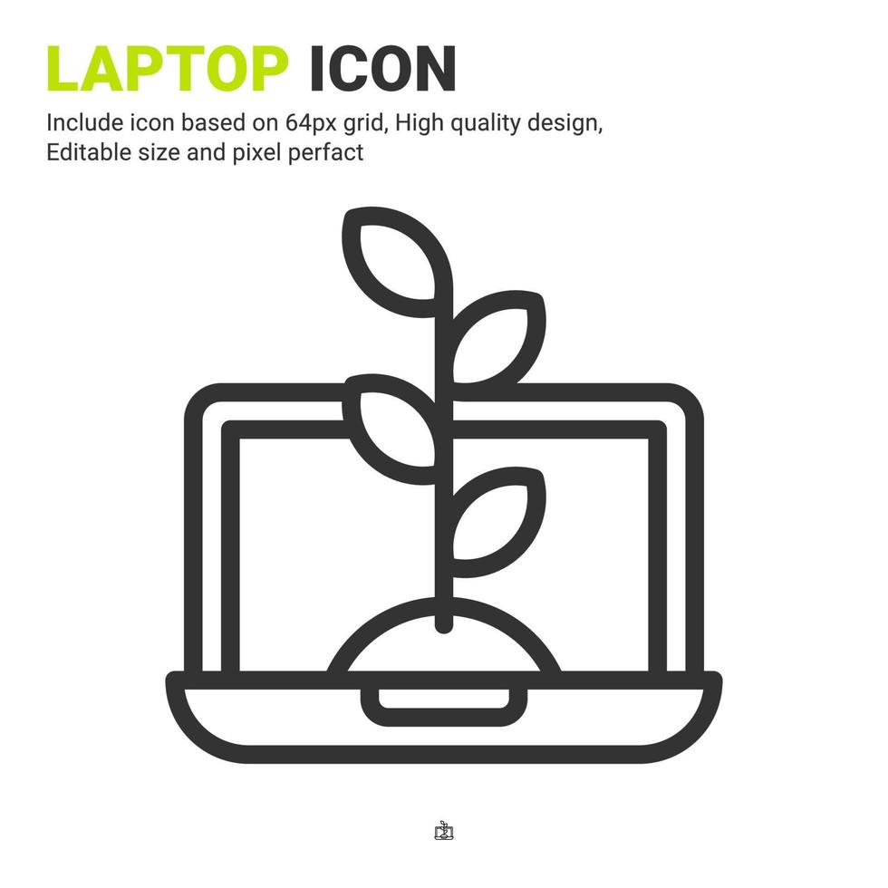 vector de icono de computadora portátil y planta con estilo de contorno aislado sobre fondo blanco. ilustración vectorial concepto de icono de símbolo de signo de computadora para la agricultura digital, la industria, la agricultura, las aplicaciones y todos los proyectos