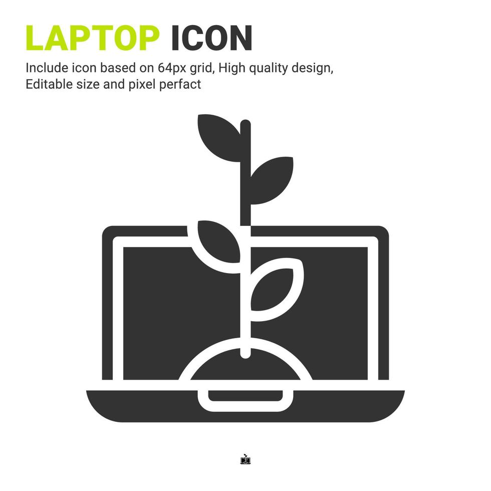 vector de icono de computadora portátil y planta con estilo de glifo aislado sobre fondo blanco. ilustración vectorial concepto de icono de símbolo de signo de computadora para la agricultura digital, la industria, la agricultura, las aplicaciones y todos los proyectos