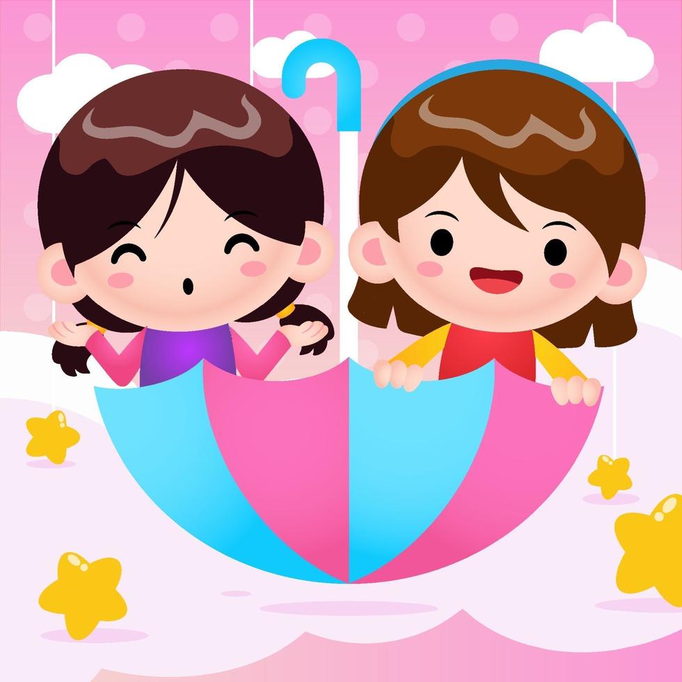 Cartoon Two Girls Riding Flying Umbrella vector