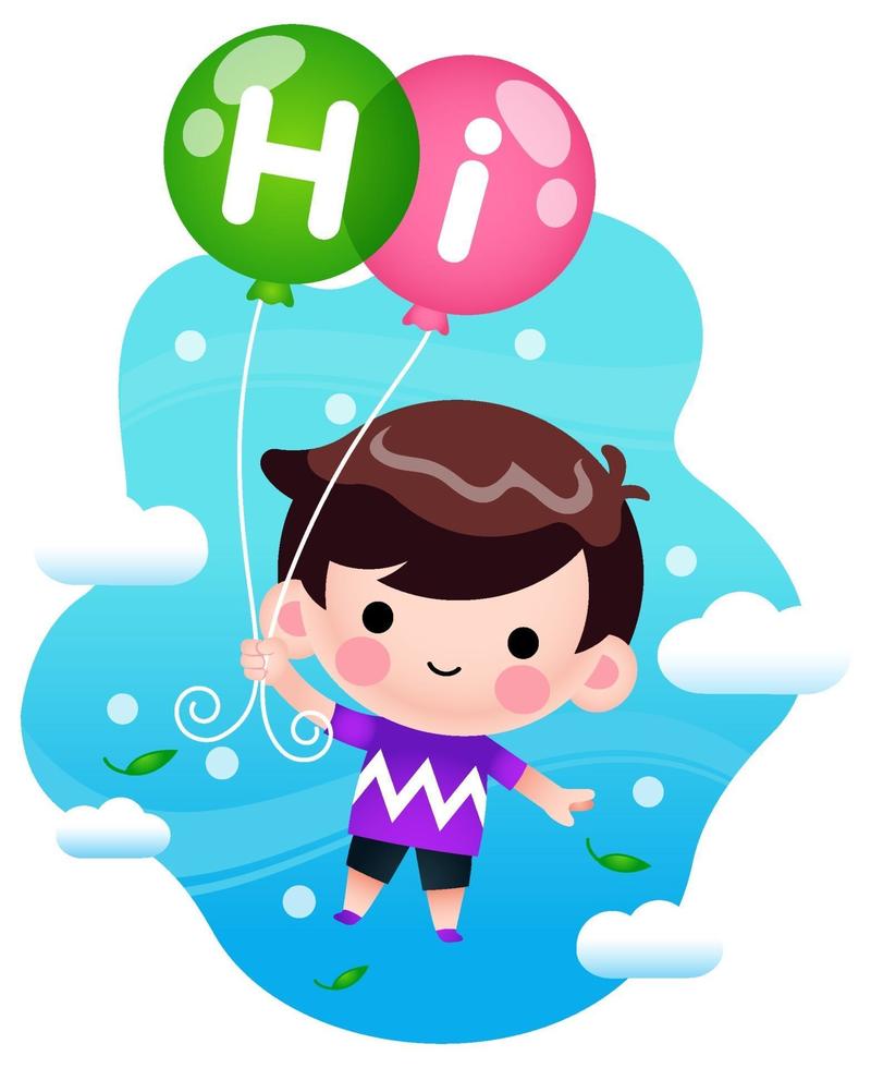 Happy Cute Little Boy Flying With Balloons In The Sky. vector