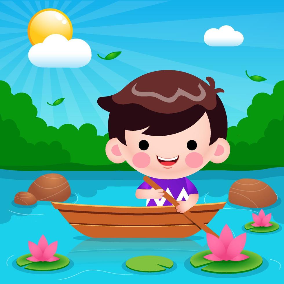 niño pequeño lindo de dibujos animados en un barco vector