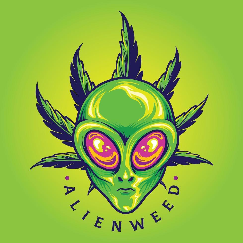 Alien Weed Cannabis Leaf Cartoon Vector Illustrations