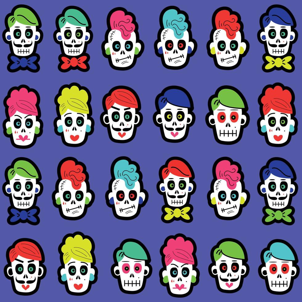 Seamless pattern with colorful funny skulls. Pattern with sugar skulls vector