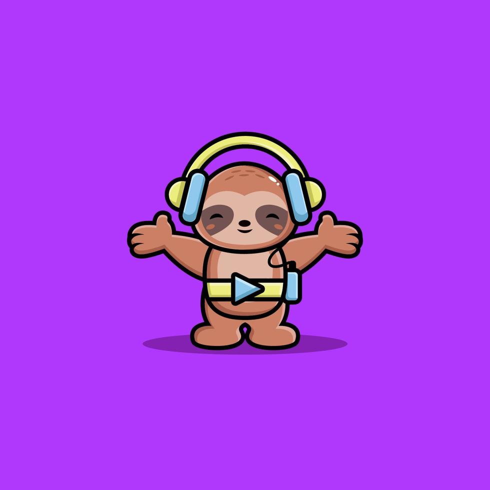 Cute sloth listening music with headphone cartoon character vector