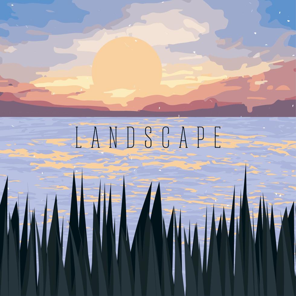 Landscape of a sunset on a lake next to the mountains vector