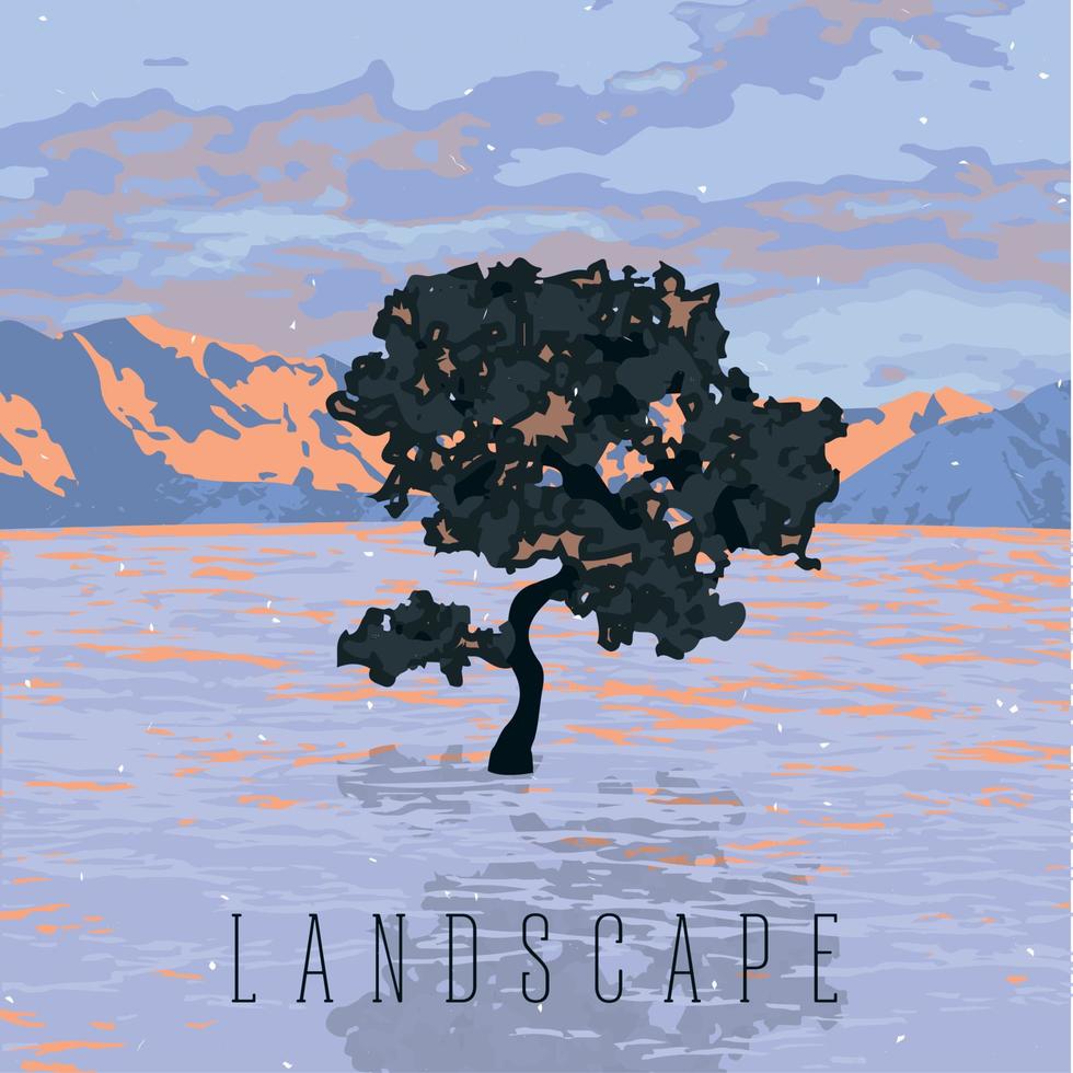 Landscape of a tree in the middle of a lake next to the mountains vector