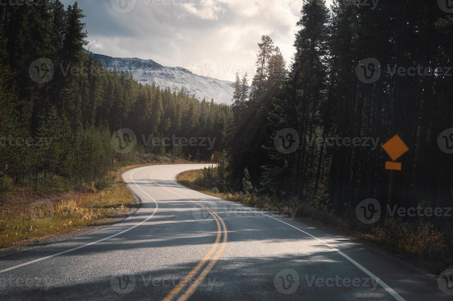 viaje por carretera en la carretera con la luz del sol a través del bosque en el parque nacional banff foto