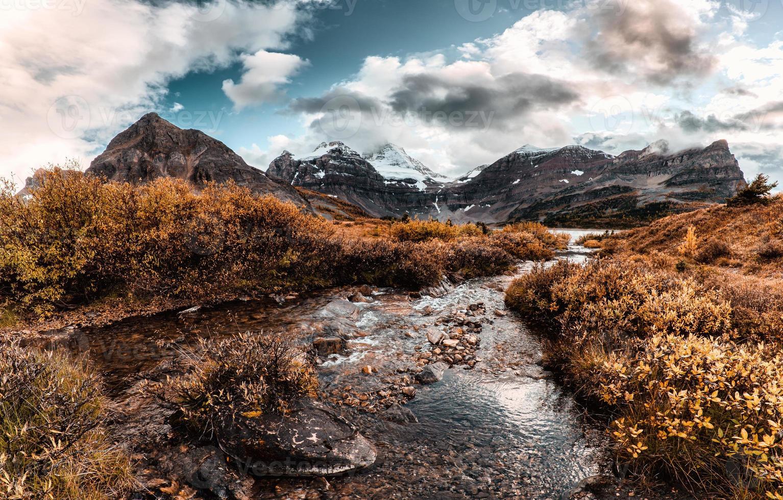 Mount Assiniboine with stream flowing in autumn forest at provincial park photo