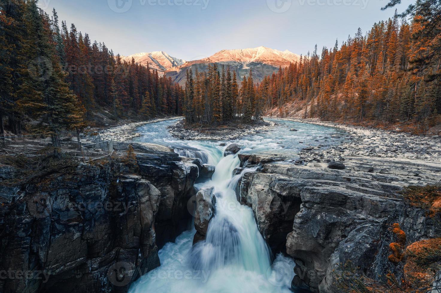 sunwapta falls es un par del río sunwapta en el bosque otoñal al atardecer. Icefields Parkway, Parque Nacional Jasper foto