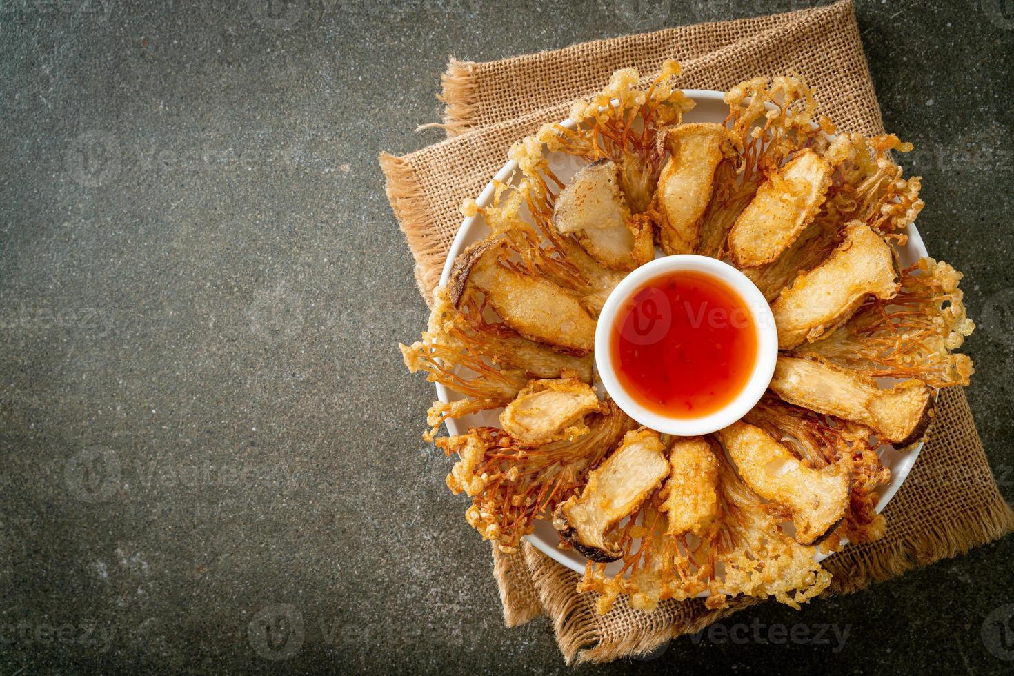 deep fried Enoki mushroom and King Oyster mushroom with spicy dipping sauce photo