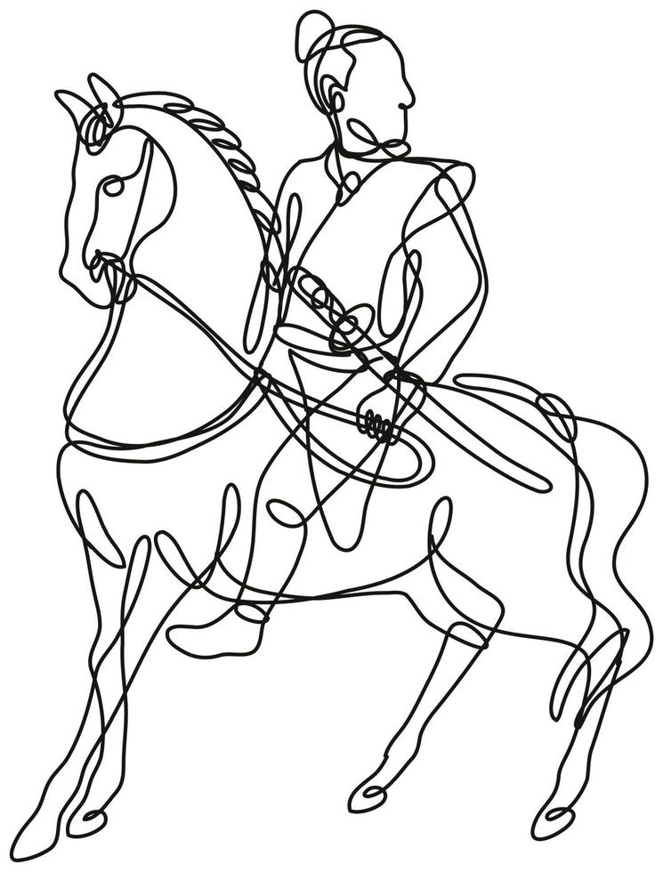 Japanese Samurai Warrior Riding Horse Side View Continuous Line Drawing vector