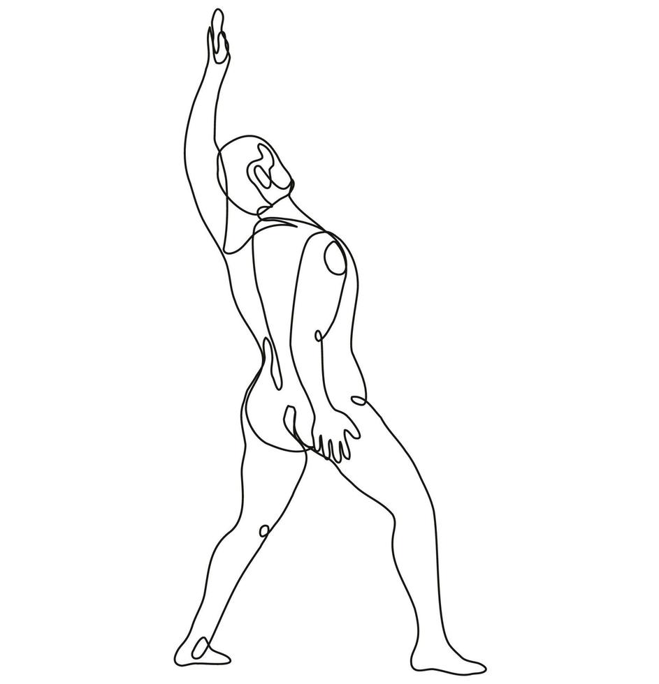 Figura humana masculina desnuda levantando la mano hacia arriba visto desde el dibujo de línea continua trasera vector