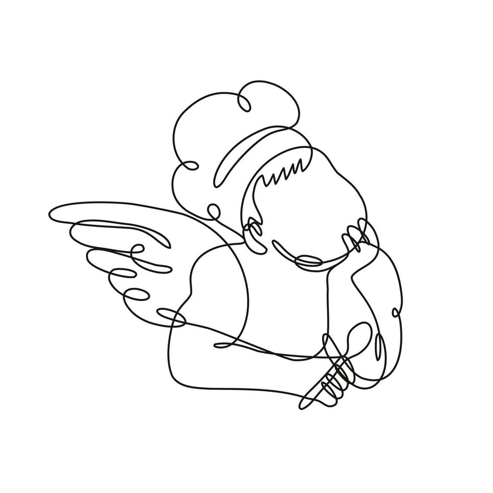 ángel chef cocinero o panadero sosteniendo una cuchara vista frontal dibujo de línea continua vector